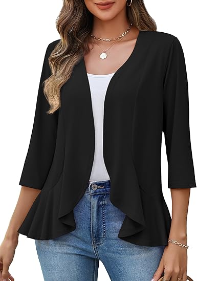Women's 2026 Summer 3/4 Sleeve Lightweight Cardigans Open Front Draped Ruffles Kimono Coverups
